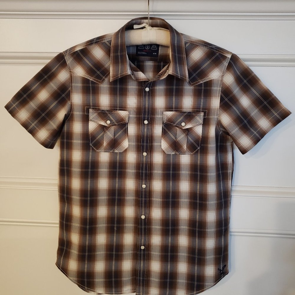 American Eagle Outfitters Men's Brown Plaid Short Sleeve Shirt Size M